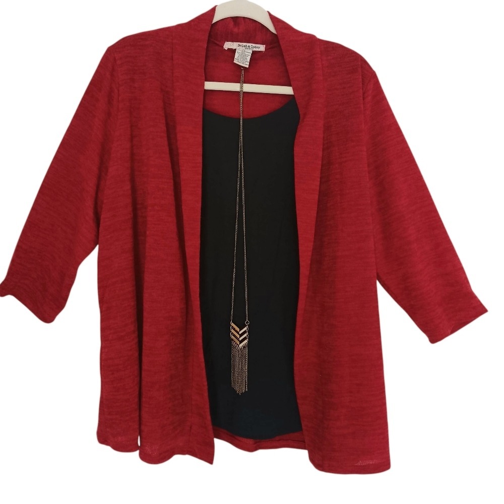Belah & Codey Cardigan Set Women 2X Red Open Front Necklace Blk Tank Attached